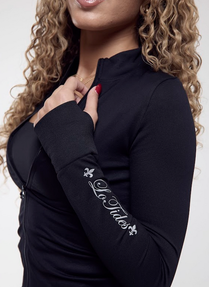 Black long-sleeve top with 'Lo Tides' branding on a white background